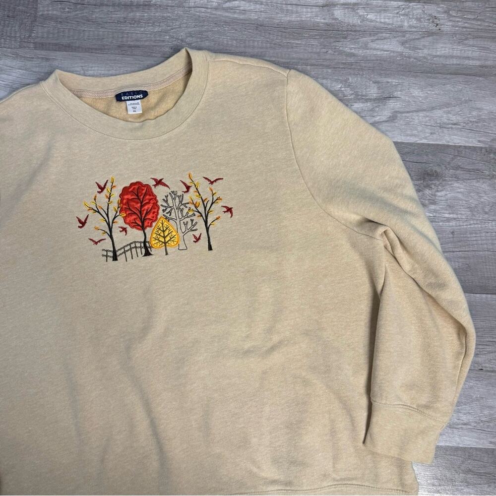Fall Scene Crewneck Sweatshirt Trees Leaves Birds Beige Grandmacore Size XXL - Picture 3 of 5